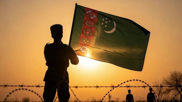 Silhouette of a Turkmen soldier holding the national flag of Turkmenistan at a border fence during a beautiful sunset. Concept of patriotism and defense.