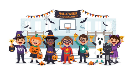 Halloween Costume Contest: A vibrant and cheerful illustration capturing children in costumes and the setting of a Halloween costume contest. Emphasizing the joyous spirit and playful atmosphere.