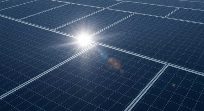 A solar panel array with a glowing lens flare.