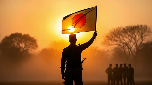 Silhouette of a patriotic soldier holding the national flag of Bangladesh during a golden sunrise.
