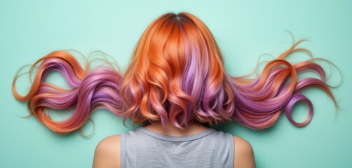 Woman with vivid orange and purple wavy hair viewed from behind on teal background.