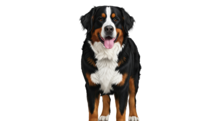 Isolated Bernese Mountain Dog standing, looking forward, tongue out, on plain background