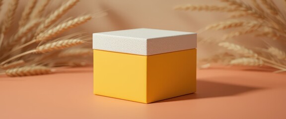 Yellow gift box with textured white lid on peach background and wheat decorations.