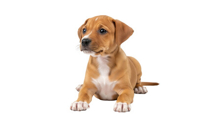 Isolated tan puppy dog with short hair lies down and looks to the side indoors in studio