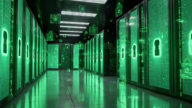 High-tech server room with glowing green padlock icons, digital style, dark interior background, symbolizing data protection and cyber security - Powered by Adobe