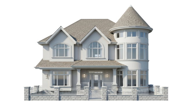 Isolated, Luxurious House Exterior with Gable Roof and Turret, Contemporary Residence