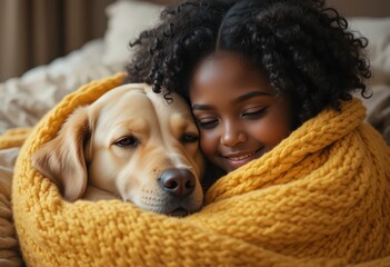 Child and Labrador dog cuddling in cozy yellow blanket on bed indoors.