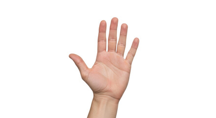 Isolated palm of a human hand facing forward, showcasing a stop or high five gesture