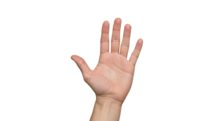 Isolated palm of a human hand facing forward, showcasing a stop or high five gesture