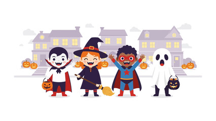 Happy Halloween Gathering: Adorable children dressed in charming costumes joyfully celebrate the spooky festivities against a backdrop of quaint suburban houses.