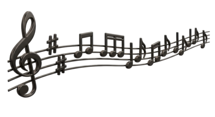 Isolated musical notes on stave, dark metal sculpture effect, creative stylized design