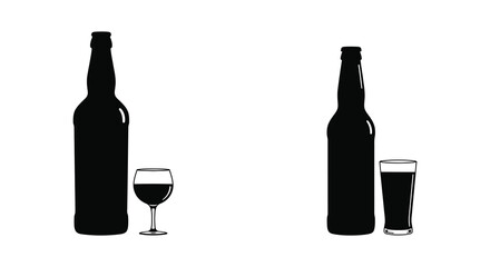Simple black and white image showing bottles a wine glass and beer
