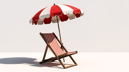 3D beach scene, red-white striped deck chair, matching parasol, sunlit