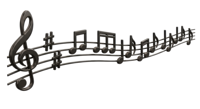 Isolated musical notes on stave, dark metal sculpture effect, creative stylized design - Powered by Adobe