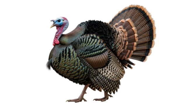 Isolated Tom Turkey with Fluffed Feathers, Strutting Wildlife Bird of American Native Origin