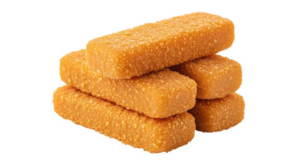 Isolated stack of delicious crispy breaded golden brown fish sticks ready for cooking quickly