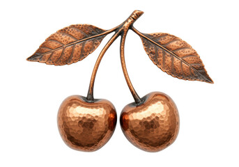 Isolated shiny copper cherries, metal fruit decor with leaves, contemporary kitchen art