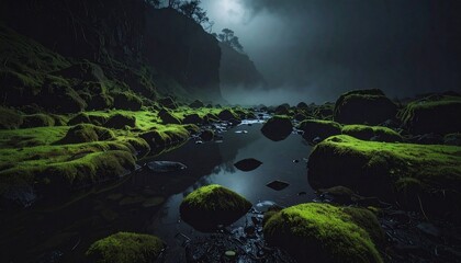 Ethereal nocturnal landscape featuring a tranquil stream gently flowing through a terrain of vibrant green moss-covered rocks, all shrouded in a captivating, atmospheric mist