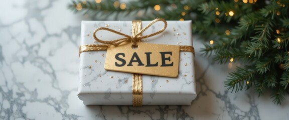 Elegant gift box with SALE tag on marble background and festive tree lights.