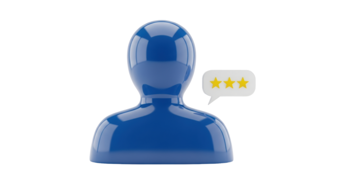 Isolated glossy person with three star rating shows customer review user feedback
