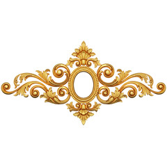 Elegant gold ornate scrollwork emblem decorative flourish with oval centerpiece design isolated on transparent background