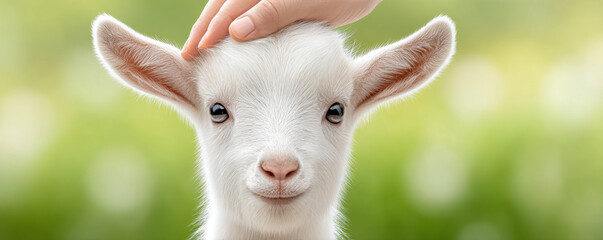 Gentle goat being inspected with care, showcasing bond between animal and caretaker in serene outdoor setting
