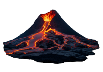 A dramatic nighttime view of a volcano erupting, showcasing rivers of molten lava flowing down its slopes against a dark background.