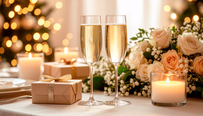 Elegant wedding celebration table with champagne glasses, roses, candles, and gift boxes