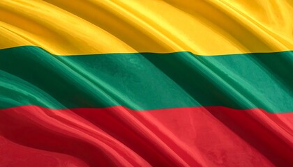 Lithuania flag with yellow, green, and red horizontal stripes waving, symbolizing national pride, nature, and the courage of independence.