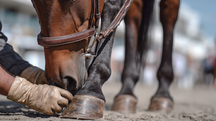 Professional vet checking horse hooves in daylight, ensuring health and safety for animal. scene captures care and expertise