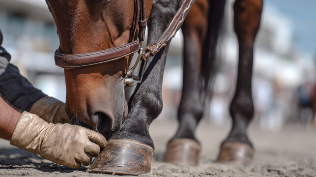 Professional vet checking horse hooves in daylight, ensuring health and safety for animal. scene captures care and expertise