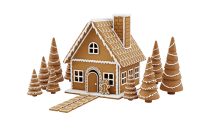 Isolated Gingerbread house with Christmas trees for holiday celebration and decoration
