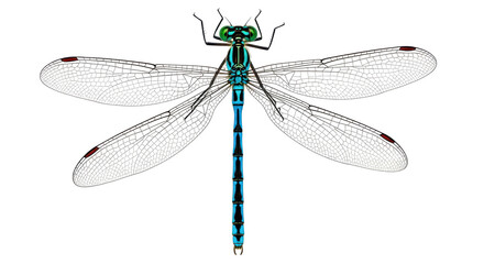 Isolated illustration of a dragonfly in flight with blue stripes and patterned wings