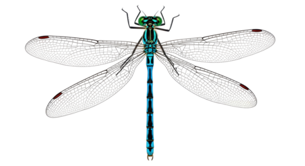 Isolated illustration of a dragonfly in flight with blue stripes and patterned wings