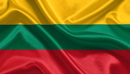 Lithuania flag with yellow, green, and red horizontal stripes waving, symbolizing national pride, nature, and the courage of independence.