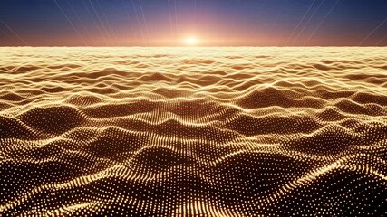 Golden digital ocean waves shimmer under a bright celestial horizon, evoking future exploration and data flow. - Powered by Adobe