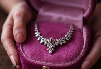 Elegant diamond necklace in velvet box held by hands on soft background.