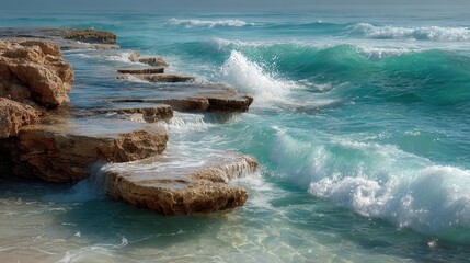 Waves crashing against the rocky shore on a sunny day, turquoise water washes over the rock formations along the coastline