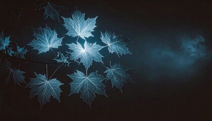 Ethereal blue maple leaves illuminated against a dark, misty background, evoking a sense of mystery and natural beauty