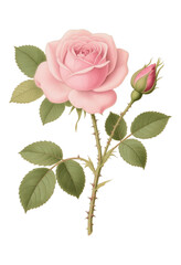 Pink Rose Bloom with Green Leaves on Transparent Background, 3D Realism Graphic for Web Design