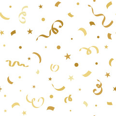 Festive gold confetti seamless pattern. Celebration golden Background. Falling Serpentine Streamers dots stars. Party decoration. Flat design