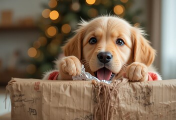 Adorable golden retriever puppy playing with gift wrap during Christmas time.