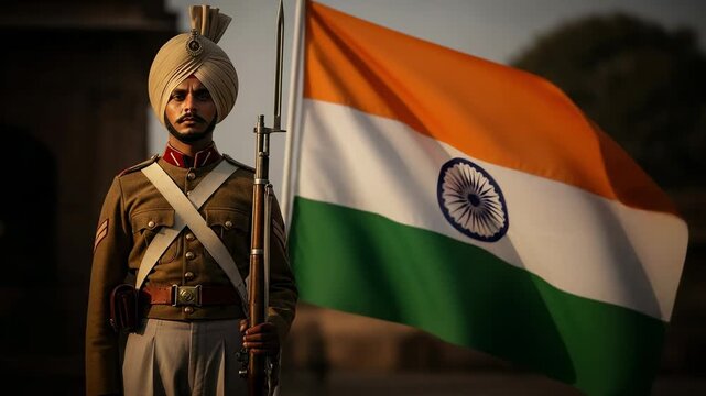 A proud Indian soldier in a traditional turban and uniform stands guard with a rifle in front of the national flag of India.