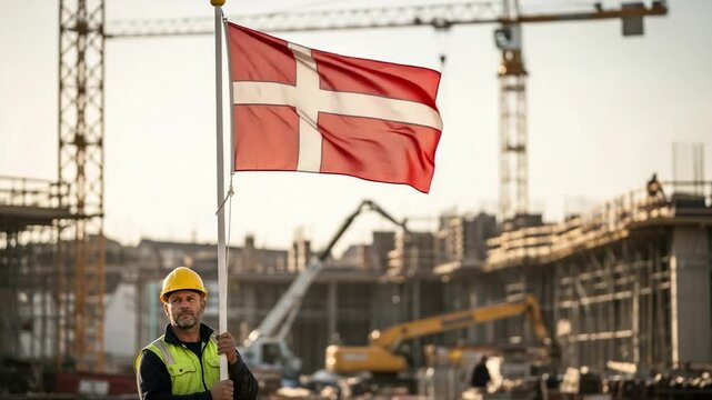 Patriotic middle-aged Caucasian male builder in a hard hat holding the flag of Denmark on a construction site.