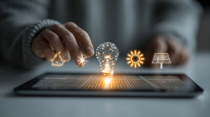 Person interacts with tablet displaying energy innovation icons, including light bulb and solar panel
