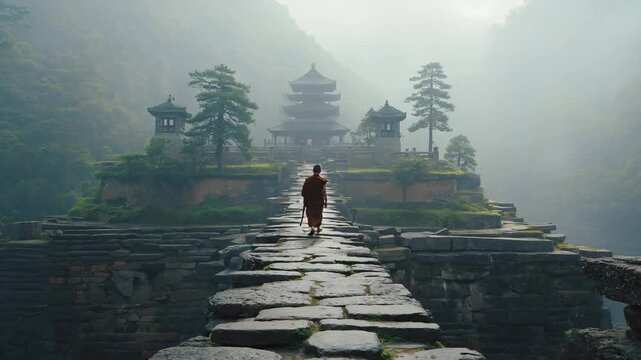 A monk walking across a stone bridge to a temple 