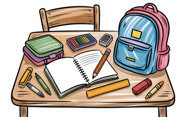School Desk Still Life Illustration A Classic Study Scene with Books Stationery and Backpack A Nostalgic Depiction of Education and Learning