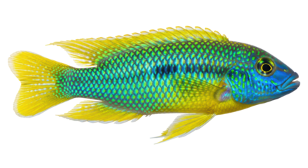 Isolated Emerald Cichlid fish, a colorful tropical fish from Lake Malawi, Africa; freshwater aquatics