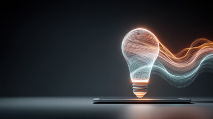 Glowing light bulb made of digital lines hovers above surface, symbolizing innovation and technology