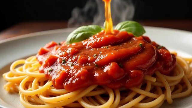 Steaming hot spaghetti with rich tomato sauce, fresh basil, and herbs, ready to eat, perfect for dinner